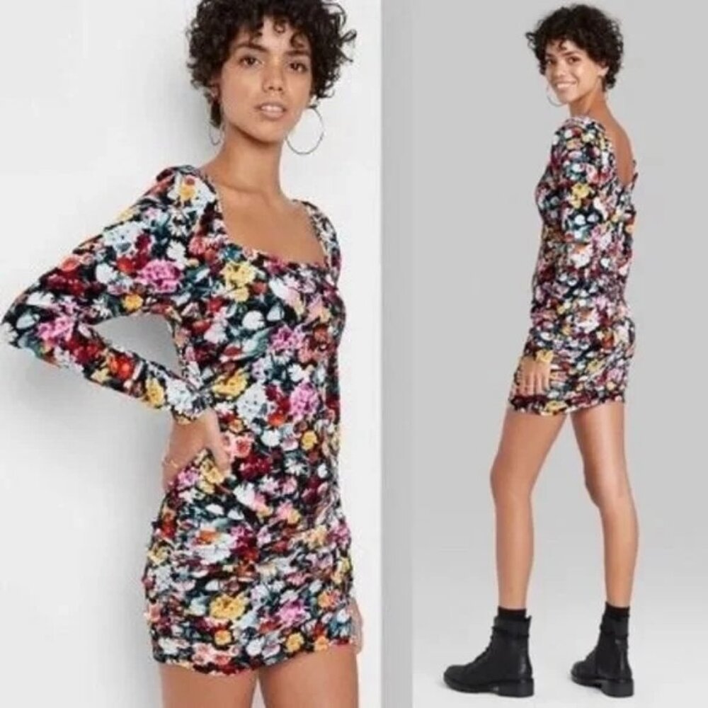 NWT Wild Fable Womens Multicolor Floral Velvet Long Sleeve Mini Dress Size Small